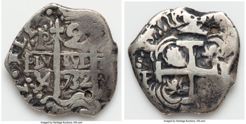 Philip V Cob 2 Reales 1732 P-YA VF (Holed), Potosi mint, KM29a. 6.21gm. The elus...