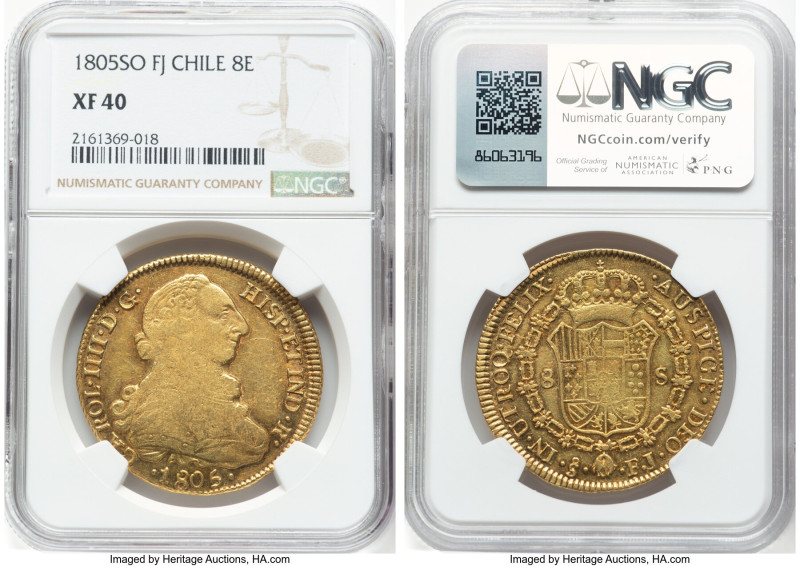 Charles IV gold 8 Escudos 1805 So-FJ XF40 NGC, Santiago mint, KM54, Cal-1775. HI...