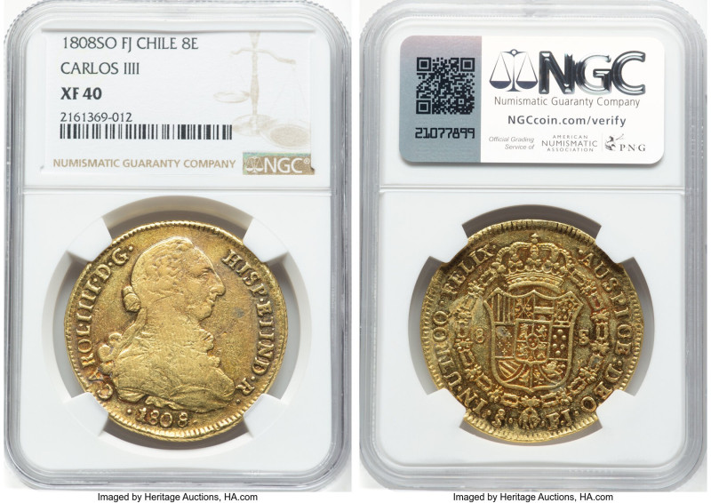 Charles IV gold 8 Escudos 1808 So-FJ XF40 NGC, Santiago mint, KM54. HID098012420...