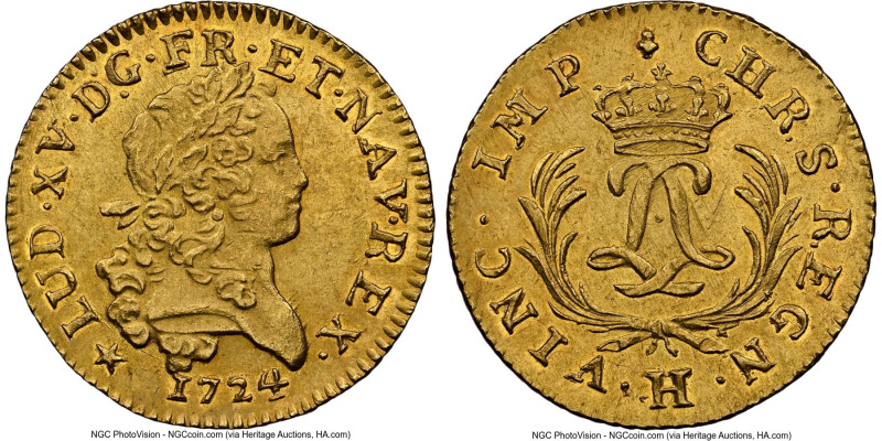 Louis XV gold "Le Chameau" Louis d'Or 1724-H UNC Details (Cleaned) NGC, La Roche...