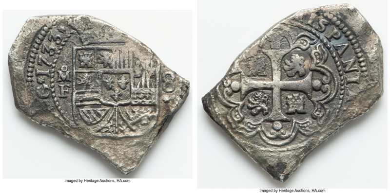 Philip V Klippe 8 Reales 1733 Mo-MF AU (Sea Salvaged), Mexico City mint, KM48, C...