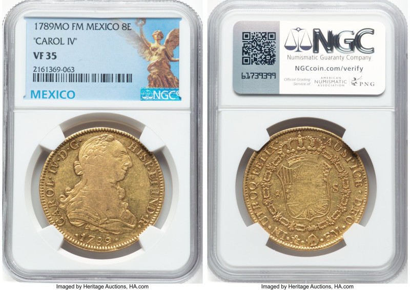 Charles IV gold 8 Escudos 1789 Mo-FM VF35 NGC, Mexico City mint, KM157, Cal-1627...