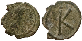 Roman Coins, Justinian I , Ae Nummus, n.d, Constantinople, Ae. 2,78 g, Sear 331, F