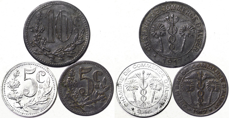 Algeria, Lot 3 pcs, Token coinage. 10 Centimes 1917 Zn. 5 Centimes: 1916 Al, 191...