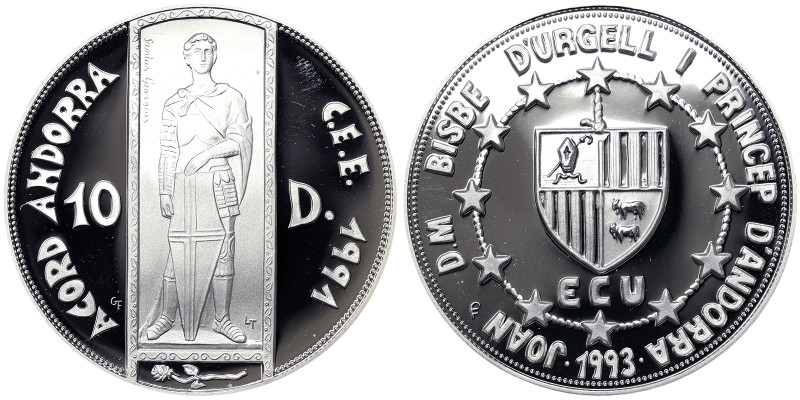 Andorra, 10 Diners, 1993, Ag.925 31,47 g, KM 89, PROOF