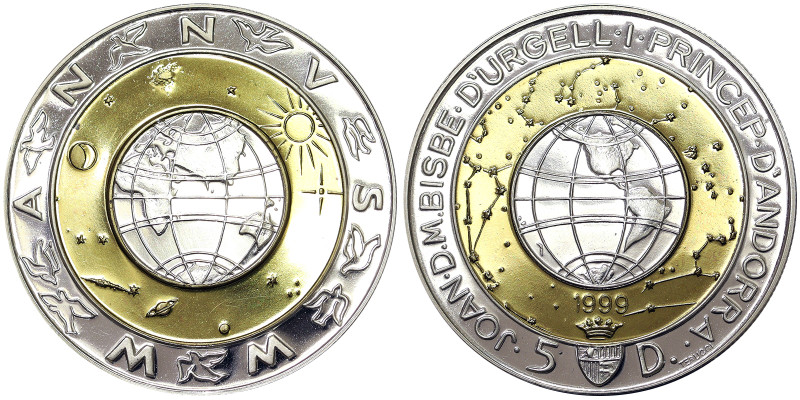 Andorra, 5 Diners, 1999, Bi-Metallic Brass ring. Ag.950 27,00 g, KM 155, UNC