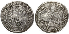 Austria, Salzburg, Maximilian Gandolph Von Künburg , 3 Kreuzer, 1681, Salzburg, Ag. 1,22 g, KM 228, VF