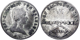 Austria, Salzburg, Archduke Ferdinand , VI Kreuzer, 1805, Salzburg, Ag. 2,47 g, Zöttl 3419, F