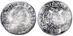 Austria, Ferdinand II , 3 Kreuzer, 1631, Prague, Ag. 1,33 g , Herinek 1153, F