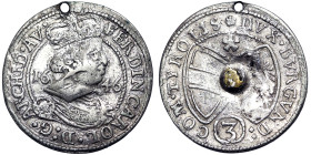 Austria, Ferdinand Charles , 3 Kreuzer, 1646, Hall, Ag. 1,46 g, Holed, Moser & Tursky 496, F