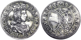 Austria, Ferdinand Charles , 3 Kreuzer, 1650, Hall, Ag. 1,47 g, KM 852, A.XF