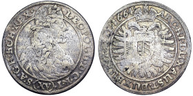 Austria, Leopold I , XV Kreuzer, 1664, Breslau, GH. Ag. 6,11 g, Herinek 1011, F
