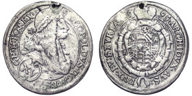 Austria, Leopold I , XV Kreuzer, 1695, Graz, IA. Ag. 5,42 g, Drilling attempt, Herinek 955, GOOD
