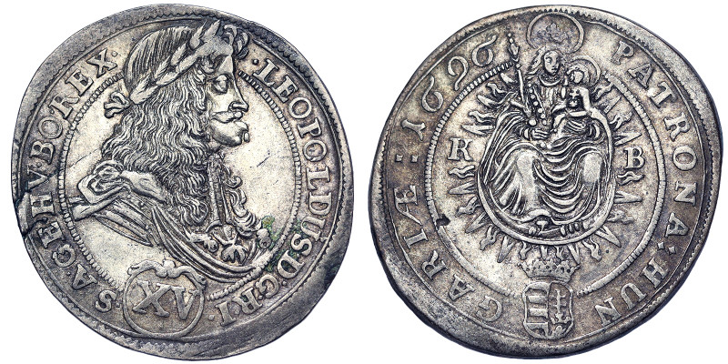 Austria, Leopold I , XV Kreuzer, 1696, Kremnitz, Ag. 6,53 g, Herinek 1068, VF+