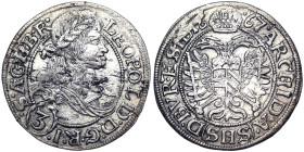 Austria, Leopold I , 3 Kreuzer, 1667, Breslau, SHS. Ag. 1,62 g, Herinek 1536, VF