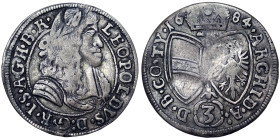 Austria, Leopold I , 3 Kreuzer, 1684, Hall, Ag. 1,33 g, Herinek 1428, F+