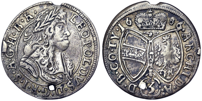 Austria, Leopold I , 3 Kreuzer, 1686, Hall, Ag. 1,48 g, Holed, Herinek 1430, VF