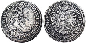 Austria, Leopold I , 3 Kreuzer, 1696, Brieg, CB. Ag. 1,53 g, Herinek 1564, F+