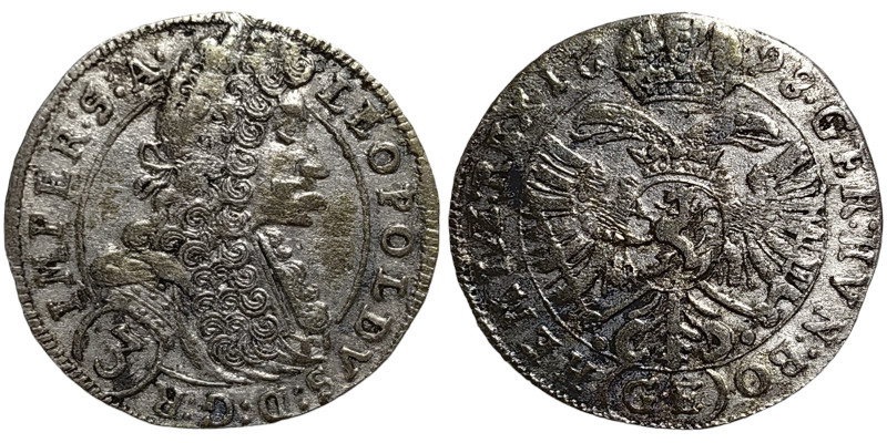 Austria, Leopold I , 3 Kreuzer, 1698, Prague, GE. Ag. 1,34 g, Herinek 1465, F