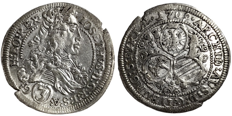 Austria, Joseph I , 3 Kreuzer, 1709, Graz, Ag. 1,55 g , KM 1463, VF