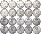 Great Britain, George VI , Lot 10 pcs, 2 Shillings: 1937, 1938, 1939, 1940, 1941, 1942, 1943, 1944, 1945, 1946. Ag.500 Total silver weight: 113,10 g c...