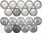 Great Britain, George VI , Lot 9 pcs. , Shilling: 1927, 1928, 1929, 1931, 1932, 1933, 1934, 1935, 1936. Total silver weight: 50,94 g ca.KM 833,