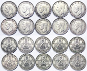 Great Britain, George VI , Lot 10 pcs, Shilling: Scottish crest: 1937, 1938, 1939, 1940, 1941, 1942, 1943, 1944, 1945, 1946. Ag.500 Total silver weigh...