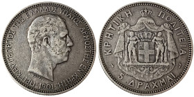 Greece, George I , 5 Drachmai, 1901, Ag.900 25,00 g, KM 9, VF