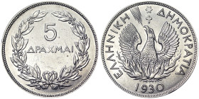 Greece, 5 Drachmai, 1930, Ni. 10,00 g, KM 71, A.UNC