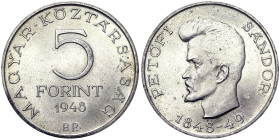 Hungary, 5 Forint, 1948, Budapest, Sándor Petőfi. Ag.500 12,00 g , KM 537, UNC