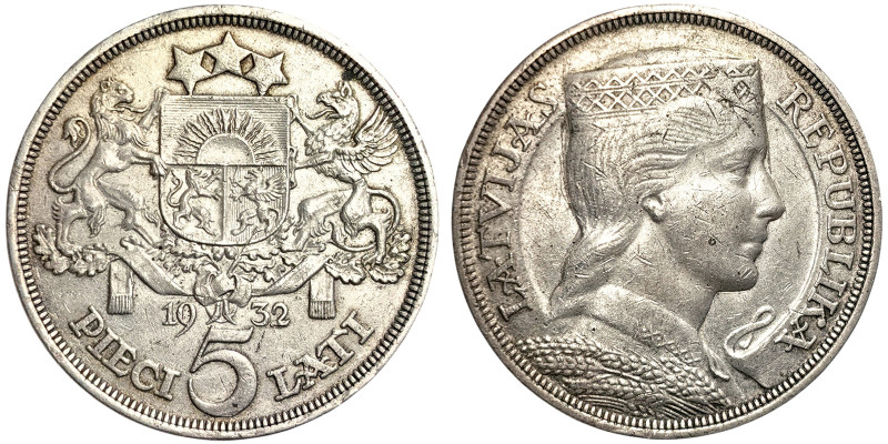 Latvia, 5 Lati, 1932, Ag.835 25,00 g NC, KM 9, VF
