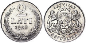 Latvia, 2 Lati, 1926, Ag.835 10,00 g, KM 8, A.UNC