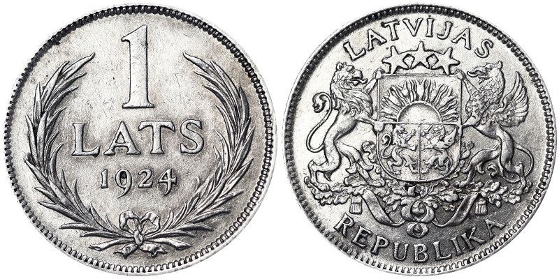 Latvia, 1 Lats, 1924, Ag.835 5,00 g, KM 7, XF