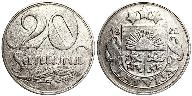 Latvia, 20 Santimu, 1922, Ni. 4,00 g, KM 5, VF