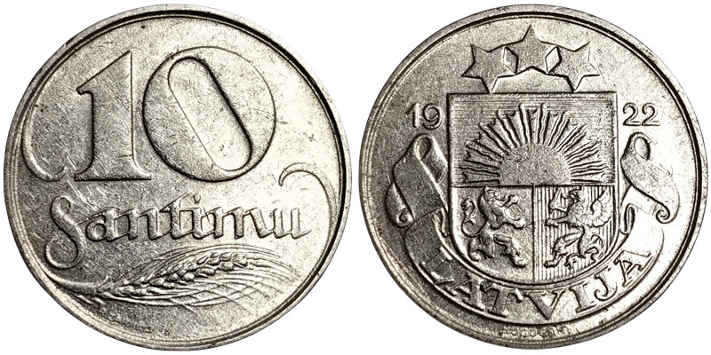 Latvia, 10 Santimu, 1922, Ni. 3,00 g, KM 4, VF