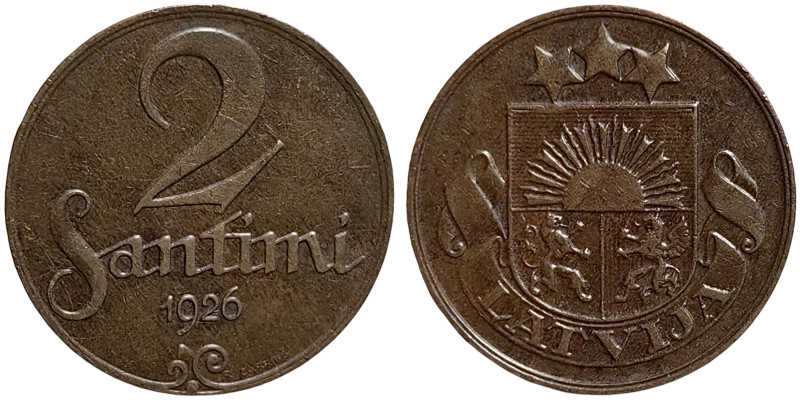 Latvia, 2 Santimi, 1926, Ae. 2,00 g, KM 2, XF