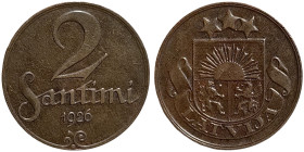 Latvia, 2 Santimi, 1926, Ae. 2,00 g, KM 2, XF