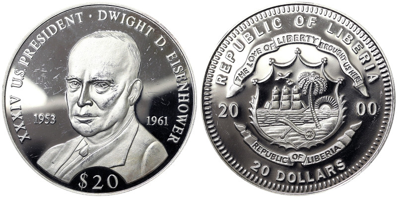 Liberia, 20 Dollars, 2000, Dwight D. Eisenhower. Ag.999 20,00 g, Hairlines, KM 8...