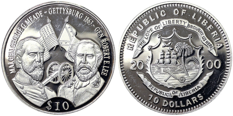 Liberia, 10 Dollars, 2000, American History. Battle of Gettysburg. Ag.999 8,55 g...
