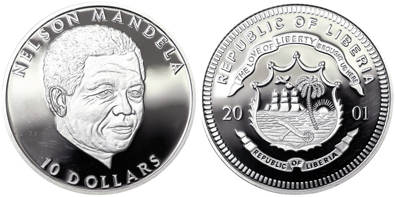 Liberia, 10 Dollars, 2001, Nelson Mandela. Ag.999 20,00 g, KM-, PROOF