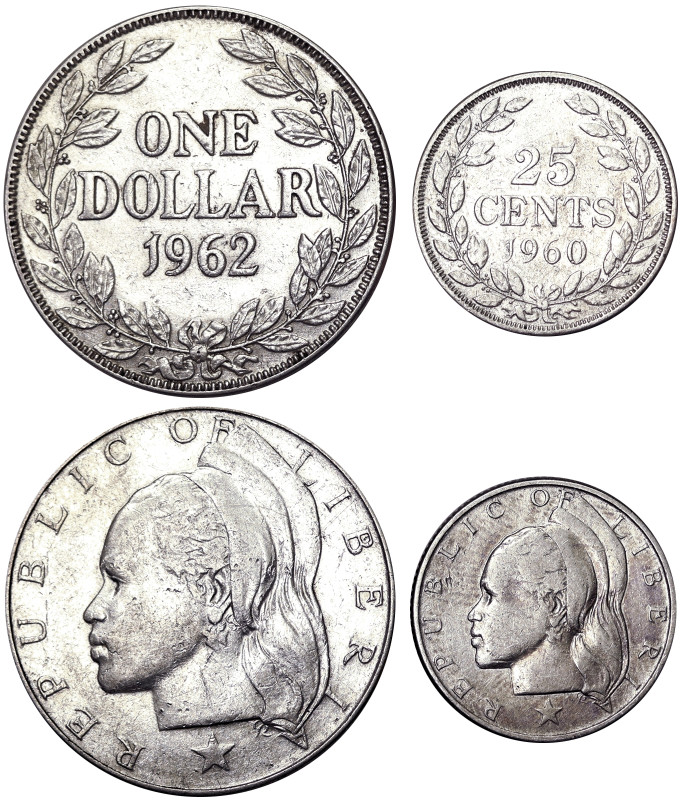 Liberia, Lot 2 pcs, 1 Dollar 1962. 25 Cents 1960. Ag.900, KM 18,16,