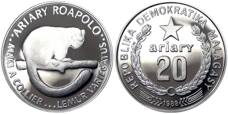 Madagascar, 20 Ariary, 1988, Lemur. Ag.925 19,44 g, KM 15, PROOF