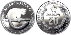 Madagascar, 20 Ariary, 1988, Lemur. Ag.925 19,44 g, KM 15, PROOF
