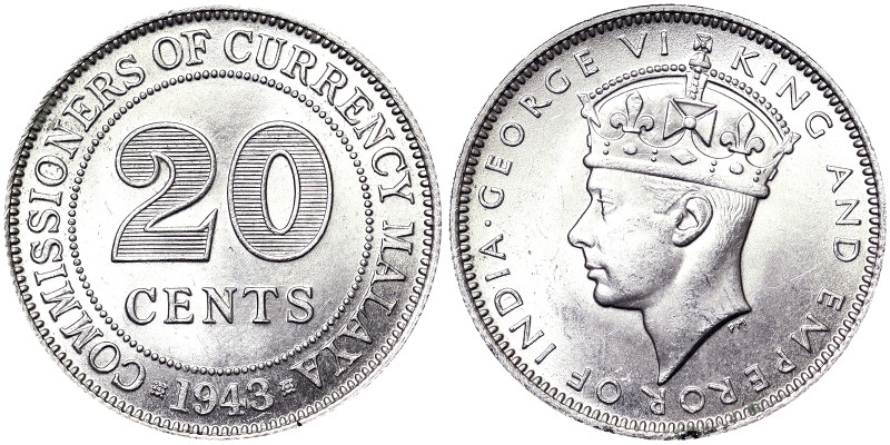 Malaya, George VI , 20 Cents, 1943, Ag.500 5,43 g, KM 5a, UNC