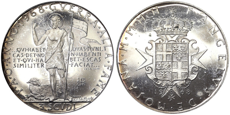 Malta, 3 Scudi (PROVA/PATTERN), 1968, Ag.800 10,00 g Rare, Hairlines, X#26, PROO...