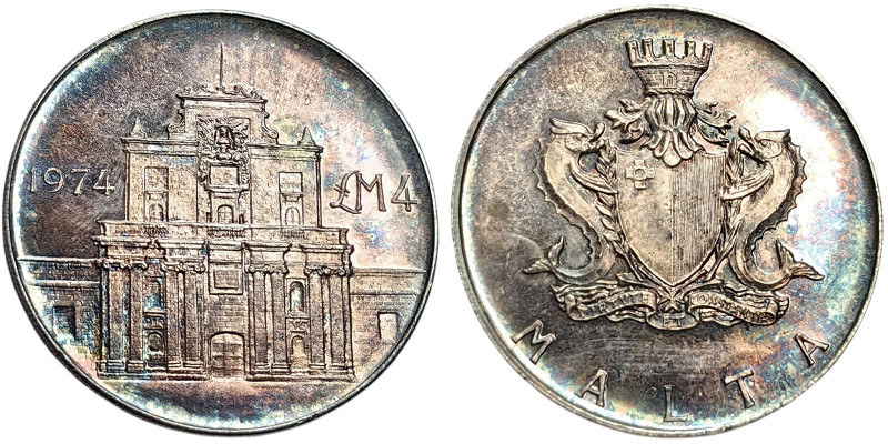 Malta, 4 Liri, 1974, Notre Dame Gate. Ag.987 20,00 g, KM 25, UNC