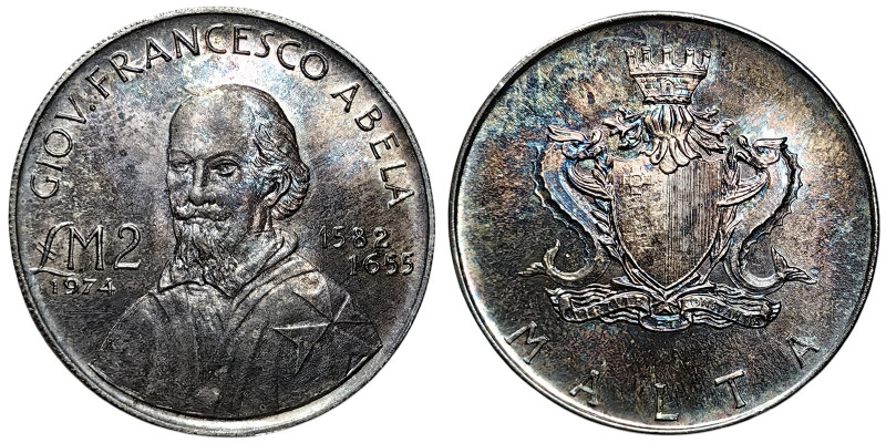 Malta, 2 Liri, 1974, Francesco Abela. Ag.987 10,00 g, KM 24, UNC