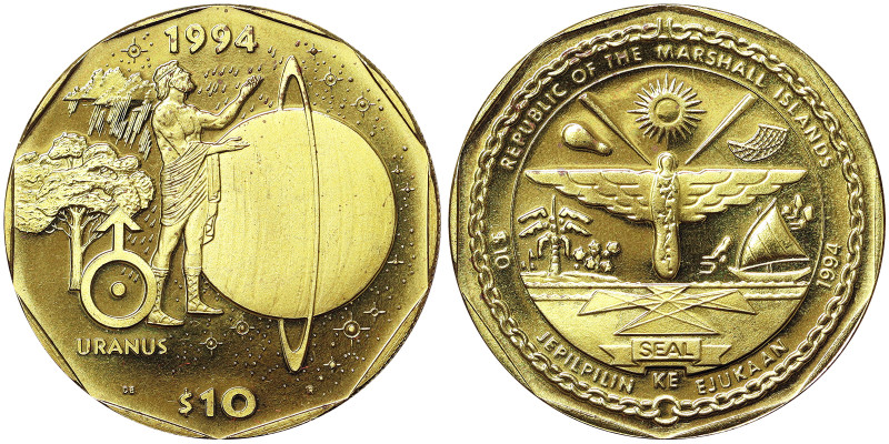 Marshall Islands, 10 Dollars, 1994, Uranus. Brass. 21,60 g, KM 164, UNC
