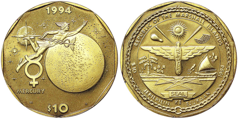 Marshall Islands, 10 Dollars, 1994, Mercury. Brass. 21,60 g, KM 159, UNC