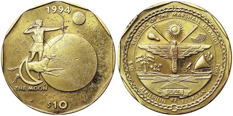 Marshall Islands, 10 Dollars, 1994, The Moon. Brass. 21,60 g, KM 157, UNC